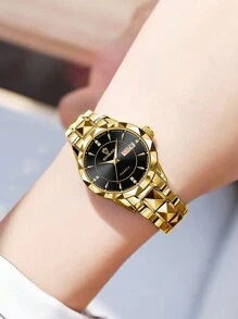 BINBOND 奢华金色石英表 女士时尚女表 防水夜光不锈钢商务休闲商务日期显示女士水钻石英表 - 黑色 - 查看 5