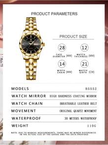 BINBOND 奢华金色石英表 女士时尚女表 防水夜光不锈钢商务休闲商务日期显示女士水钻石英表 - 黑色 - 查看 3