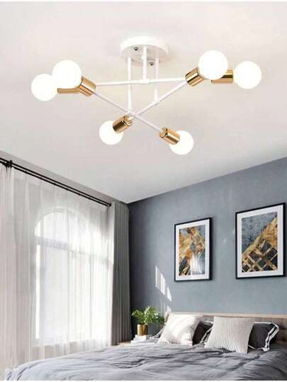 Semi Flush Mount Ceiling Light Fixture, 6 Lights Modern Sputnik Chandelier Ceiling Lamp with E26 Bulb Base, Light Fixtures Ceiling Mount for Bedroom Kitchen Living Room Hallway Entryway (White and Gold)