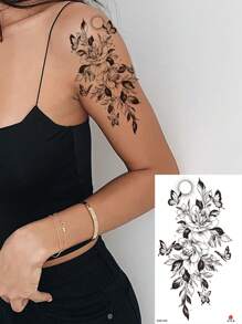 1 张黑白玫瑰和月亮图案临时纹身贴纸，适合儿童、节日派对使用