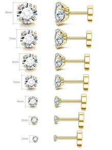 女士7雙扁平背部耳釘,14k電鍍微型耳釘,立體氧化鋯蒼石軟骨耳環(2/3/4/5/6/7/8mm) - 金色 - 查看 7