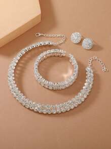 1set/4pcs Girls' Luxury Double-Row Anti-Allergic Rhinestone Silver Collar Bracelet Earrings Wedding Accessories Combo, Elegant And Beautiful Jewelry Set For Festivals, Parties & Events - Silver - View 2