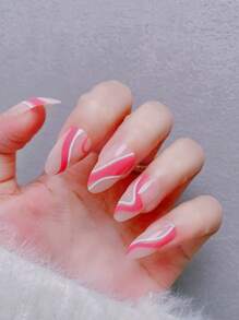 24pcs Long Almond Shape French False Nails Decorated With Silver Metallic Stars & Rhinestones, Comes With 1pc Nail File, 1pc Glue - Multicolor - View 1