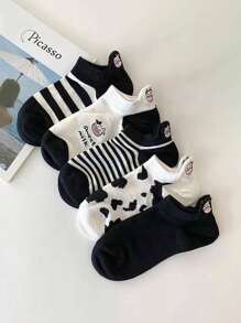5pairs Women Cow Embroidered Cute Ankle Socks For Daily Life