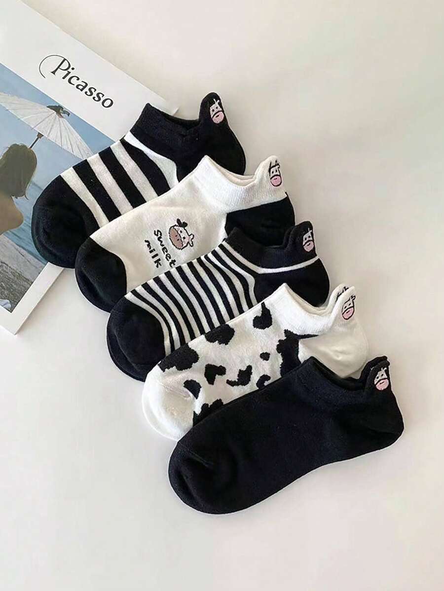5pairs Women Cow Embroidered Cute Ankle Socks For Daily Life