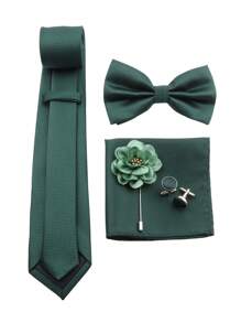 ZONFAZ 5 件男士商务风格时尚格子领带、领结、口袋巾、袖扣和翻领别针套装适合婚礼和日常佩戴圣诞节 - 墨綠色 - 查看 2