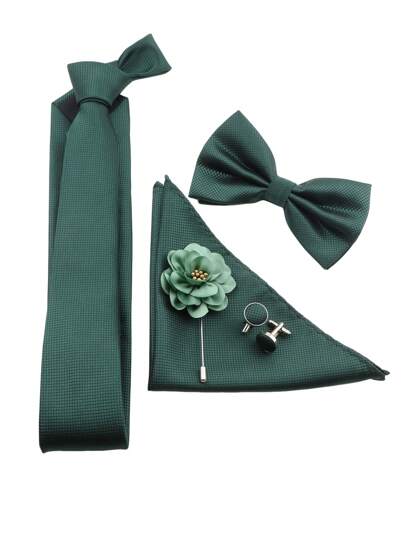 ZONFAZ 5pcs Men's Business Style Fashionable Plaid Necktie & Bow Tie &Pocket Square & Cufflinks & Lapel Pin Set For Wedding And Daily Wear Christmas