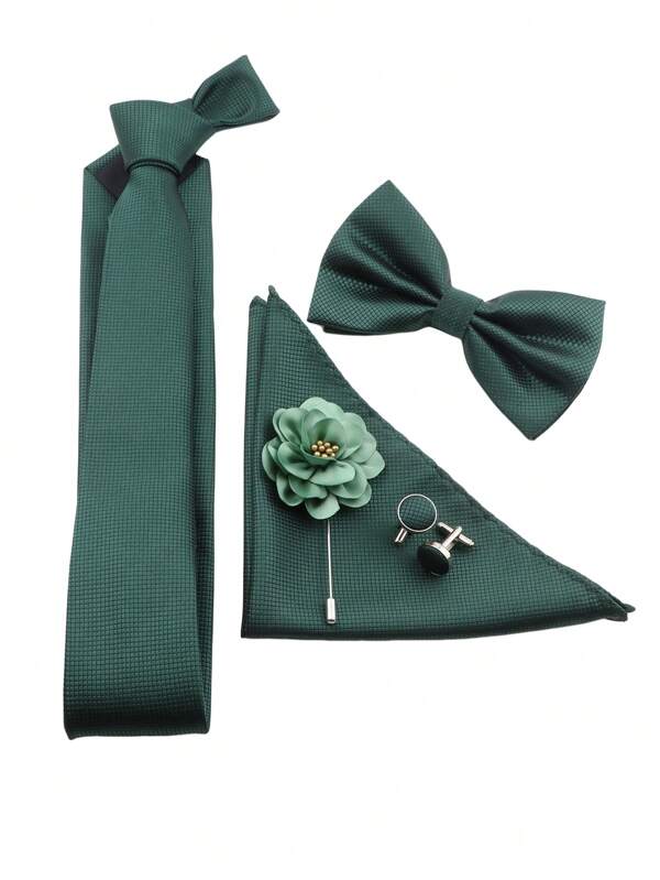 5pcs Men's Business Style Fashionable Plaid Necktie & Bow Tie &Pocket Square & Cufflinks & Lapel Pin Set For Wedding And Daily Wear Christmas