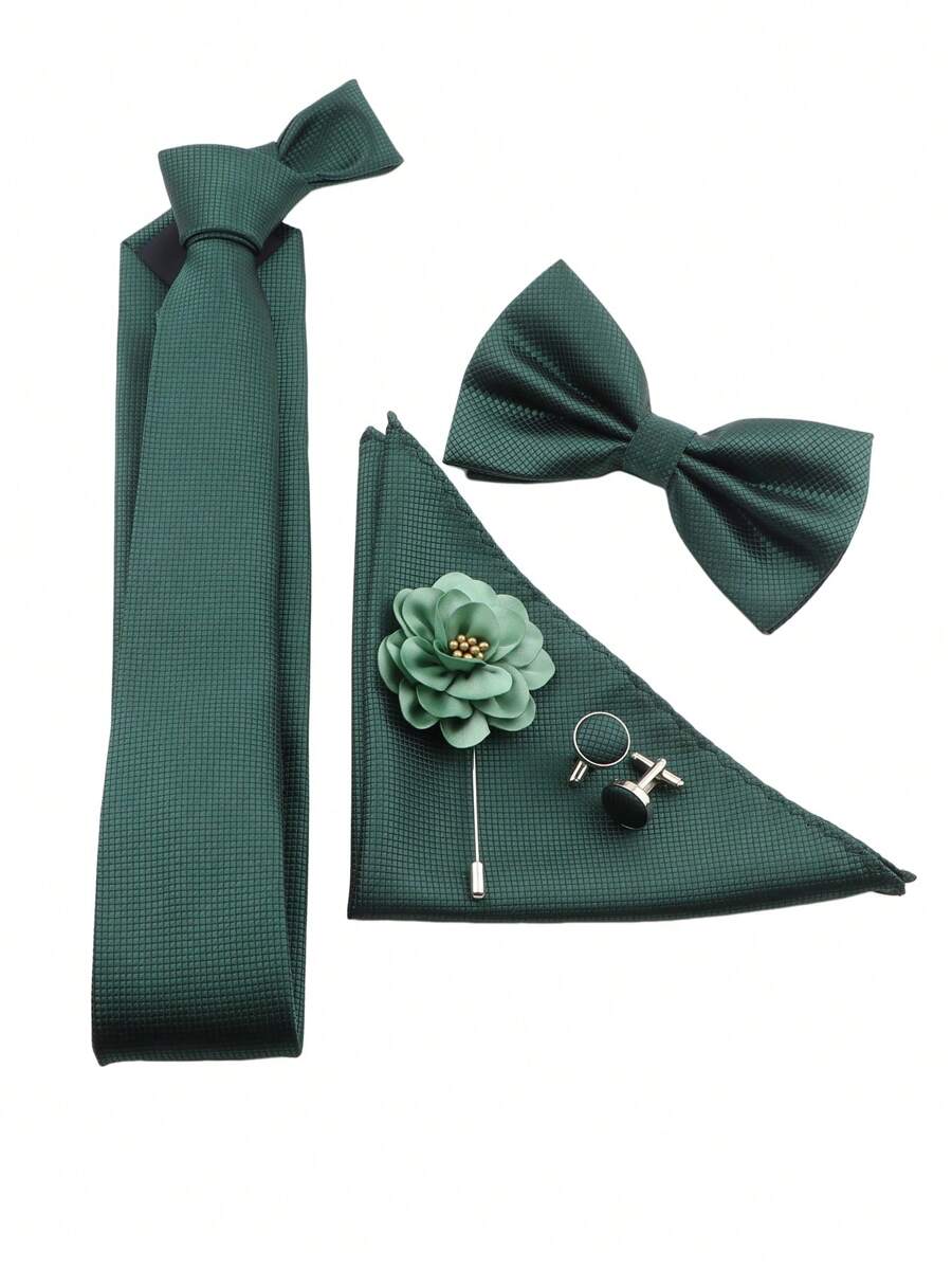 ZONFAZ 5 件男士商务风格时尚格子领带、领结、口袋巾、袖扣和翻领别针套装适合婚礼和日常佩戴圣诞节 - 墨綠色 - 查看 1