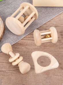4pcs Wooden Baby Rattle Toys With Bell, Natural Wood Teething Toys Set - Apricot - View 1