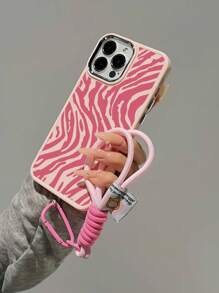 1pc Pink Water Wave Snake Skin Pattern Electroplated Metal Edged Matte Phone Case + 1pc Nylon Lanyard Strap, Compatible With Apple Phones - Multicolor - View 2