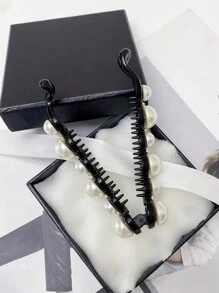 优雅 1 件仿珍珠和水钻装饰香蕉发夹蝴蝶结 - 黑色 - 查看 3