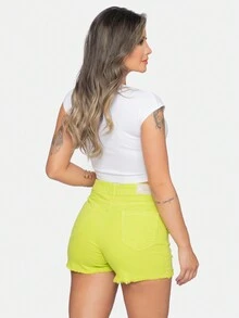 Women Denim Shorts - 青檸色 - 查看 4
