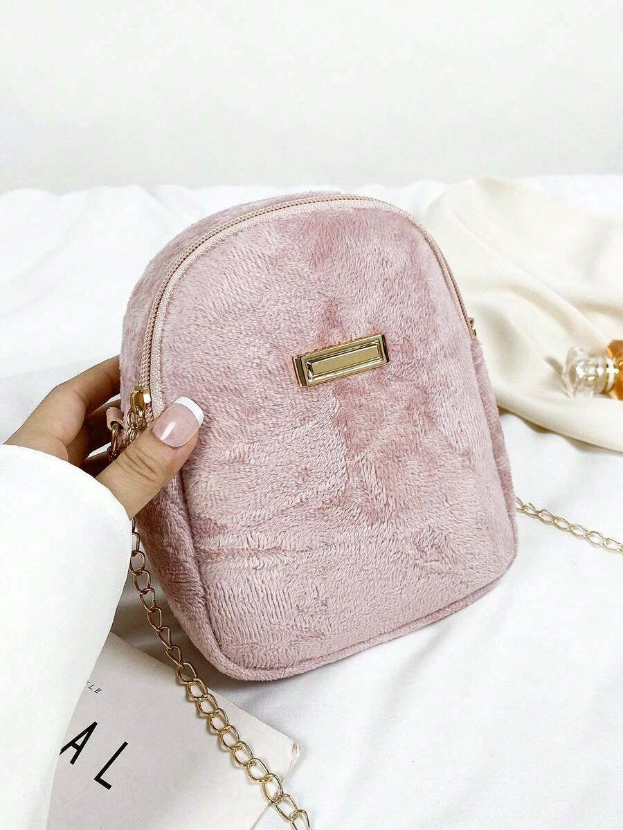 1pc Pink Plush Crossbody Bag With Metal Decoration And Chain, Suitable For Daily Use In Autumn And Winter For Ladies - Pink - View 1