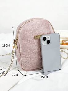1pc Pink Plush Crossbody Bag With Metal Decoration And Chain, Suitable For Daily Use In Autumn And Winter For Ladies - Pink - View 3