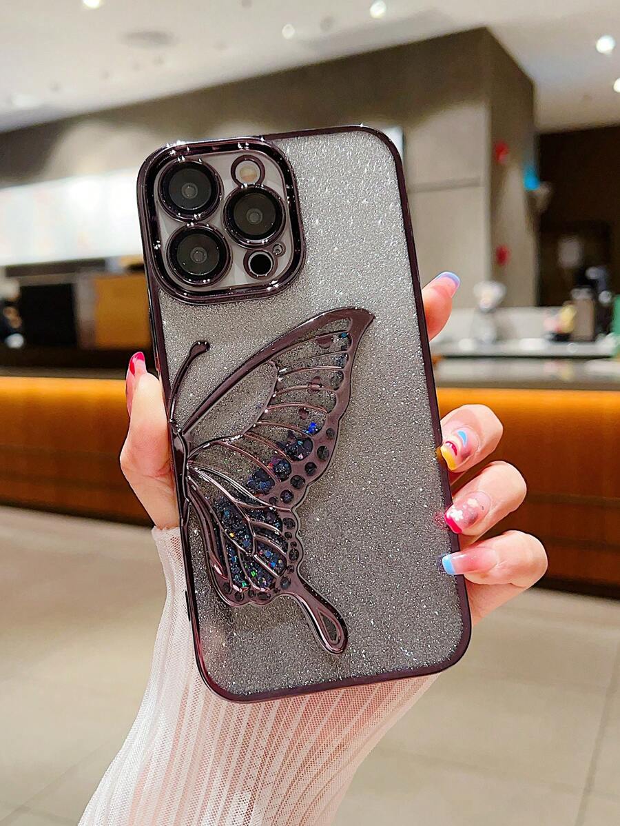 1pc High-Quality Electroplated Gradient Glitter Beaded Wing Design Shockproof Phone Case With Lens Film, Compatible With IPhone 16 Series, 17/17 Pro/17 Pro Max Waterproof Anti-Fall Scratch Resistant - Black - View 1