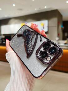 1pc High-Quality Electroplated Gradient Glitter Beaded Wing Design Shockproof Phone Case With Lens Film, Compatible With IPhone 16 Series, 17/17 Pro/17 Pro Max Waterproof Anti-Fall Scratch Resistant - Black - View 2