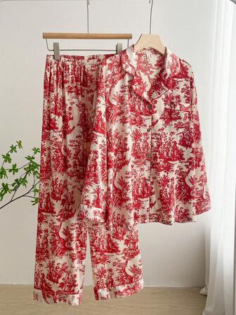 2pcs Women's Ink Printing Ice Silk Pajamas, Simple Turn-Down Collar Long Sleeve Homewear Set,Two Pieces Set, Fall Clothes