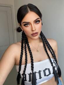 2入組黑色超長辮狀馬尾合成髮條,配有髮帶,自然直編馬尾延伸 - 黑色 - 查看 5