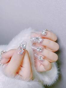 24pcs/set Coffin Shape Sequins + Big Rhinestones + Pearl Nail Art Slice, With 1 Nail File, 1 Jelly Gel Slice - Silver - View 5