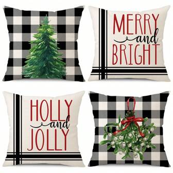 4pcs/set Christmas Pattern Pillow Covers, Modern Polyester Fiber Square Plaid & Christmas Tree Patterned Pillowcases For Living Room Bedroom Decoration, Suitable For Christmas Decor