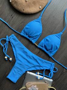 Solid Color Bikini In A Soft Fabric Summer Vacation Beach - Blue - View 2