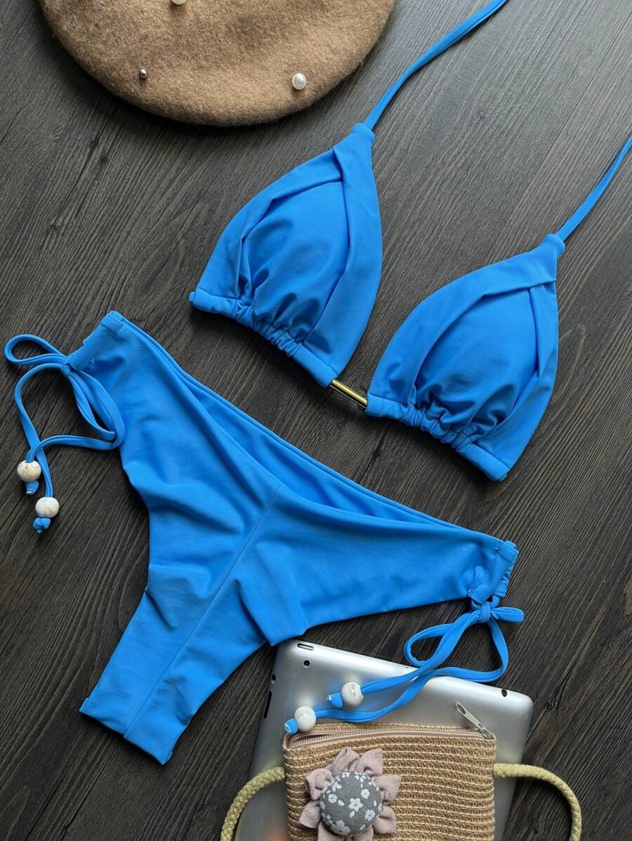 Solid Color Bikini In A Soft Fabric Summer Vacation Beach - Blue - View 1