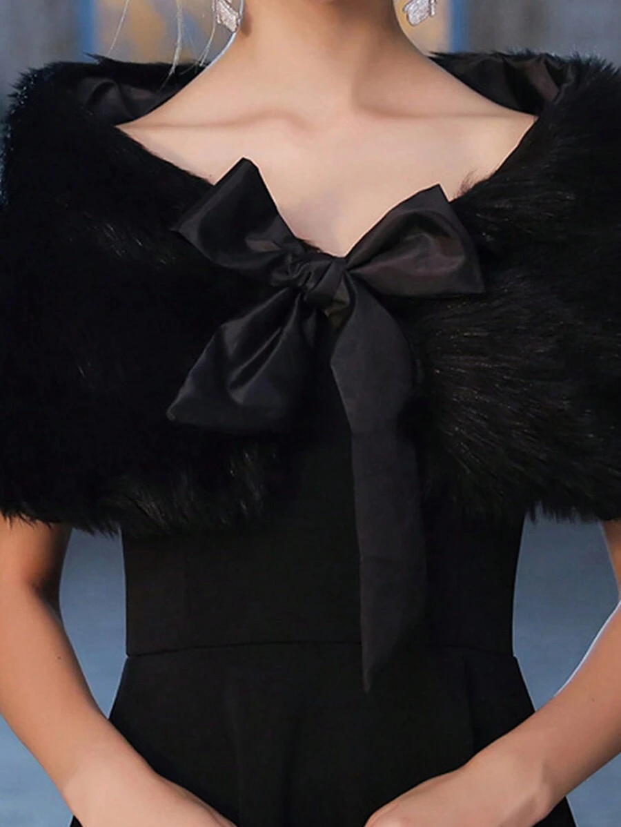 1 件系带简约优雅圣诞/万圣节婚纱新娘披肩，适合婚礼、派对和日常穿着 - 黑色 - 查看 1