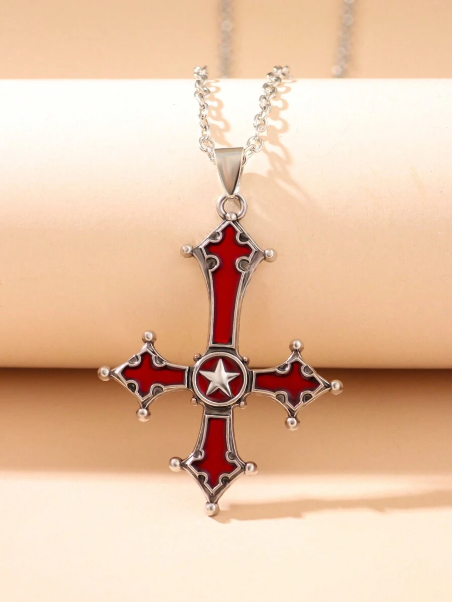 1pc Men's Gothic Style Red Cross Inverted Pendant European And American Punk Chain Necklace - Red - View 1
