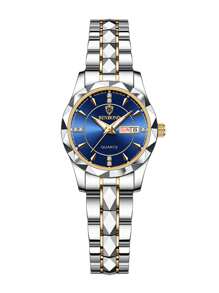 BINBOND Luxury Gold Quartz Watch Women's Fashion Women's Watch Waterproof Night Light Stainless Steel Business Leisure Business Date Display Women's Rhinestone Quartz Watch - Blue - View 4