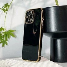 镜面苹果黑色手机壳，金色边框，电镀工艺，国际版，非国内版 - 黑色 - 查看 6