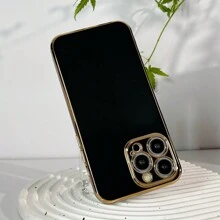 镜面苹果黑色手机壳，金色边框，电镀工艺，国际版，非国内版 - 黑色 - 查看 7