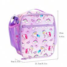 1只獨角獸印花隔熱午餐袋,可重複使用的午餐袋,具有防水襯裡和外部拉鍊口袋,在學校午餐盒中保持食品新鮮,小型便攜的午餐袋,適用於家庭廚房用品 - 紫色 - 查看 3