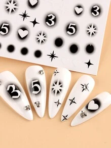 2入組3D黑色星星美甲貼紙數字指甲貼花Y2K噴槍模版裝飾心蝴蝶美甲拖鞋 - 彩色 - 查看 7