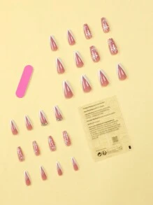 24入組短款粉紅白色雪花圖案，鑲嵌鑽石裝飾假指甲，可重複使用，適用於日常、派對和節慶穿著，聖誕系列壓克力指甲針供應