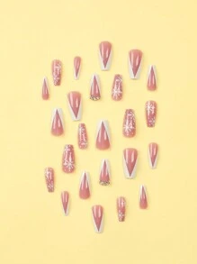 24入組短款粉紅白色雪花圖案，鑲嵌鑽石裝飾假指甲，可重複使用，適用於日常、派對和節慶穿著，聖誕系列壓克力指甲針供應