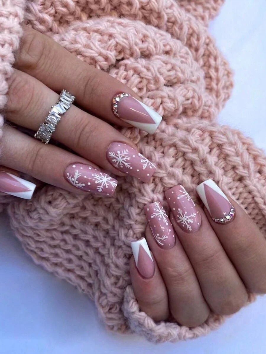 24入組短款粉紅白色雪花圖案，鑲嵌鑽石裝飾假指甲，可重複使用，適用於日常、派對和節慶穿著，聖誕系列壓克力指甲針供應