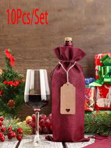 10入組酒袋,紅酒瓶套,禮物香檳袋,拉繩亞麻袋,酒瓶包裝袋,婚禮派對裝飾收納配件 - 紅色 - 查看 3