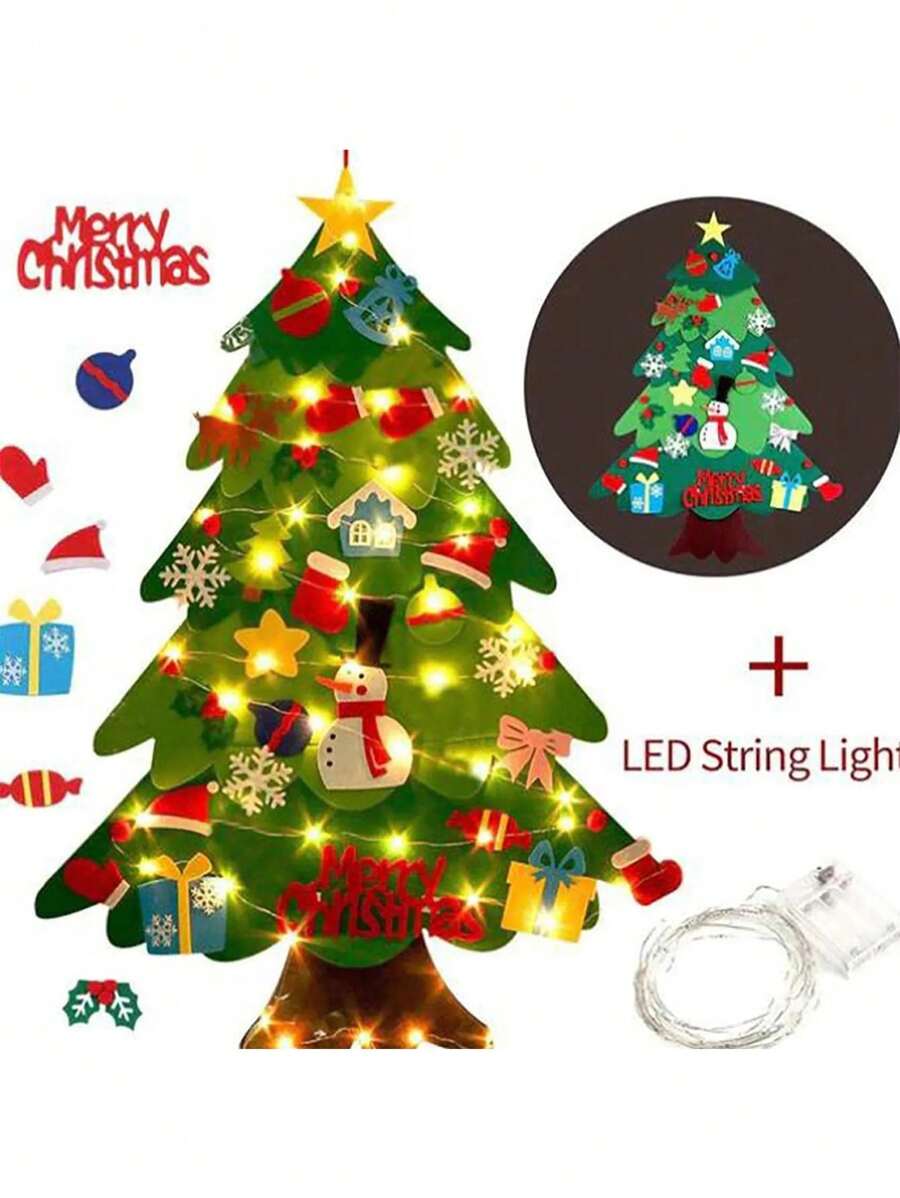1 Set DIY Felt Christmas Tree With 5m LED String Lights, Christmas Home Decor, 2024 New Year Christmas Ornament, Santa Claus Christmas Gift