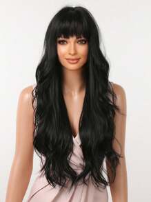 28 Inch Natural Black Long Curly Wig With Bangs Synthetic Wig Beginners Friendly Heat Resistant Fashionable For Daily Use Halloween Wedding Party Wear Music Festival Mother's Day Gift - Black - View 8
