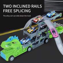 1 件綠色恐龍頭裝載卡車帶 4 件小型合金車和 2 件履帶。具有小車彈射功能,多種玩法,送給孩子的禮物 - 綠色 - 查看 6