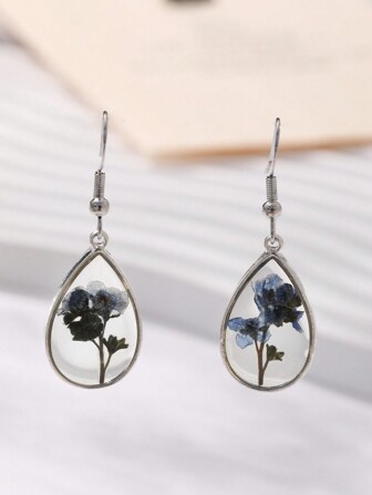 1 paire de boucles d'oreilles bleues en forme de goutte en résine avec fleurs séchées pressées, myosotis, convenant pour un port quotidien pour femmes. Fleurs séchées naturelles, formes et couleurs aléatoires. Idéal pour la Saint-Valentin, la mère, la fête des mères.