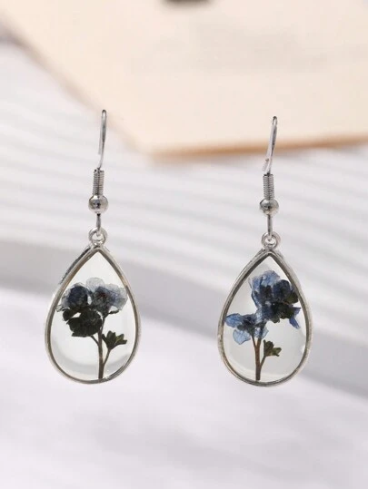 1pair Dried Flower Pressed Resin Forget Me Not Blue Drop Earrings Suitable For Women's Daily Wear,Natural Dried Flowers, Random Shapes And Colors Valentines,Mom,Mother,Mother's Day,Gift