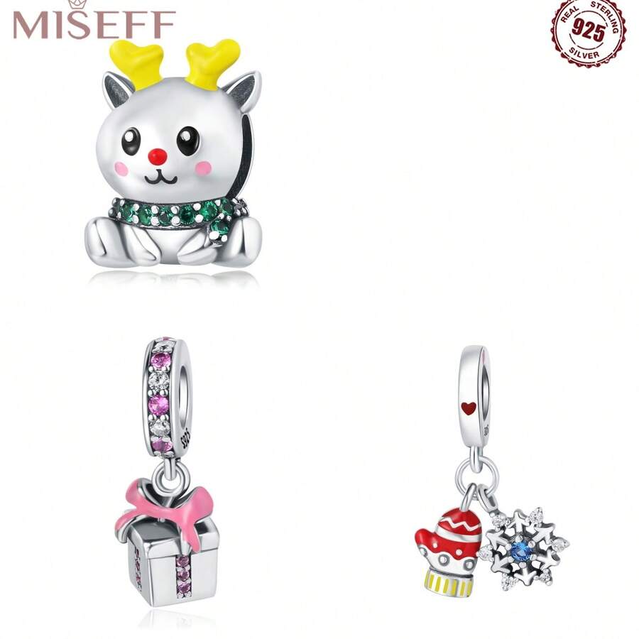 Miseff 2023 全新 1 件 925 純銀聖誕手套雪花麋鹿禮物串珠手鍊 Diy 珠寶製作，女孩/男孩的生日/聖誕禮物，復古聖誕女士禮物