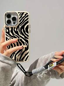 Apple With Phone Charm 1pc White Water Ripple Pattern Electroplating Metal Frame Frosted Phone Case + 1pc Nylon Wrist Lanyard Compatible With IPhone Waterproof Shockproof Anti-Fall Scratch Resistant - Multicolor - View 1