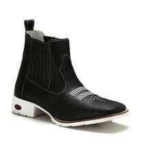 Botina Preta Sola Branca Masculina Bota Texana Cano Curto Couro Bovino Bico Quadrado - Preto - Visão 4