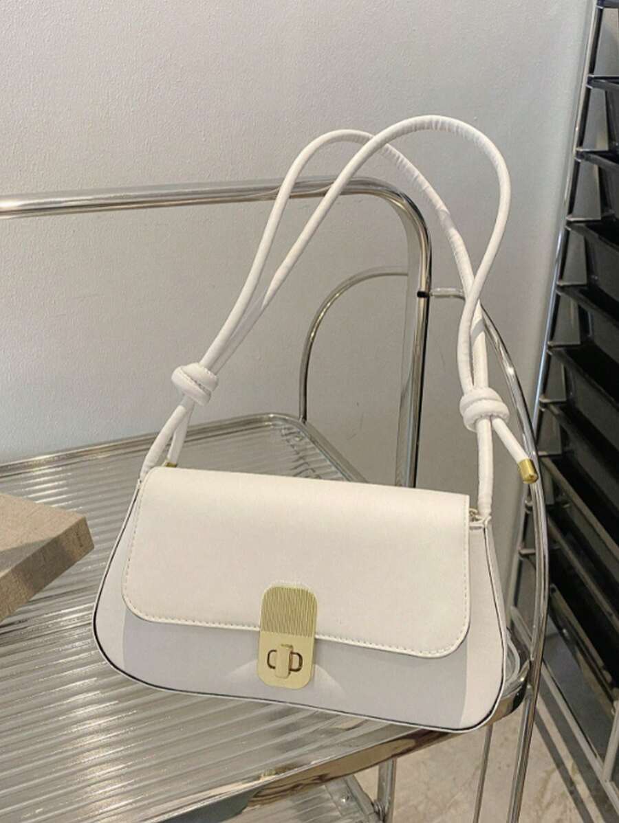 1pc Solid Color Shoulder Bag, Pu Leather Material With Adjustable Strap And Metal Buckle - White - View 1