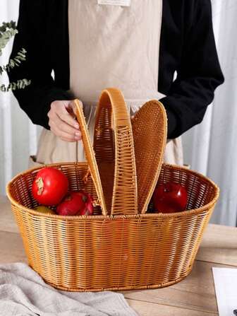 1pc Handmade Woven Wicker Oval Picnic Storage Basket For Travel