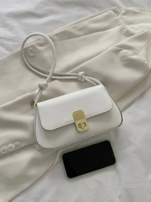 1pc Solid Color Shoulder Bag, Pu Leather Material With Adjustable Strap And Metal Buckle - White - View 4