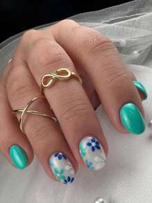 提升雅緻,24入組簡約氣質短橢圓形花紋指甲貼套裝,附送1把指甲檔和1個果凍膠 - 彩色 - 查看 1